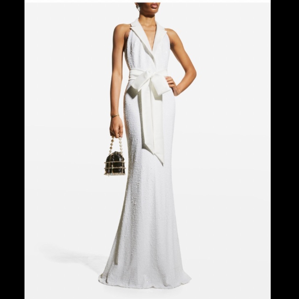 Badgley Mischka Sequin Tuxedo Halter Gown